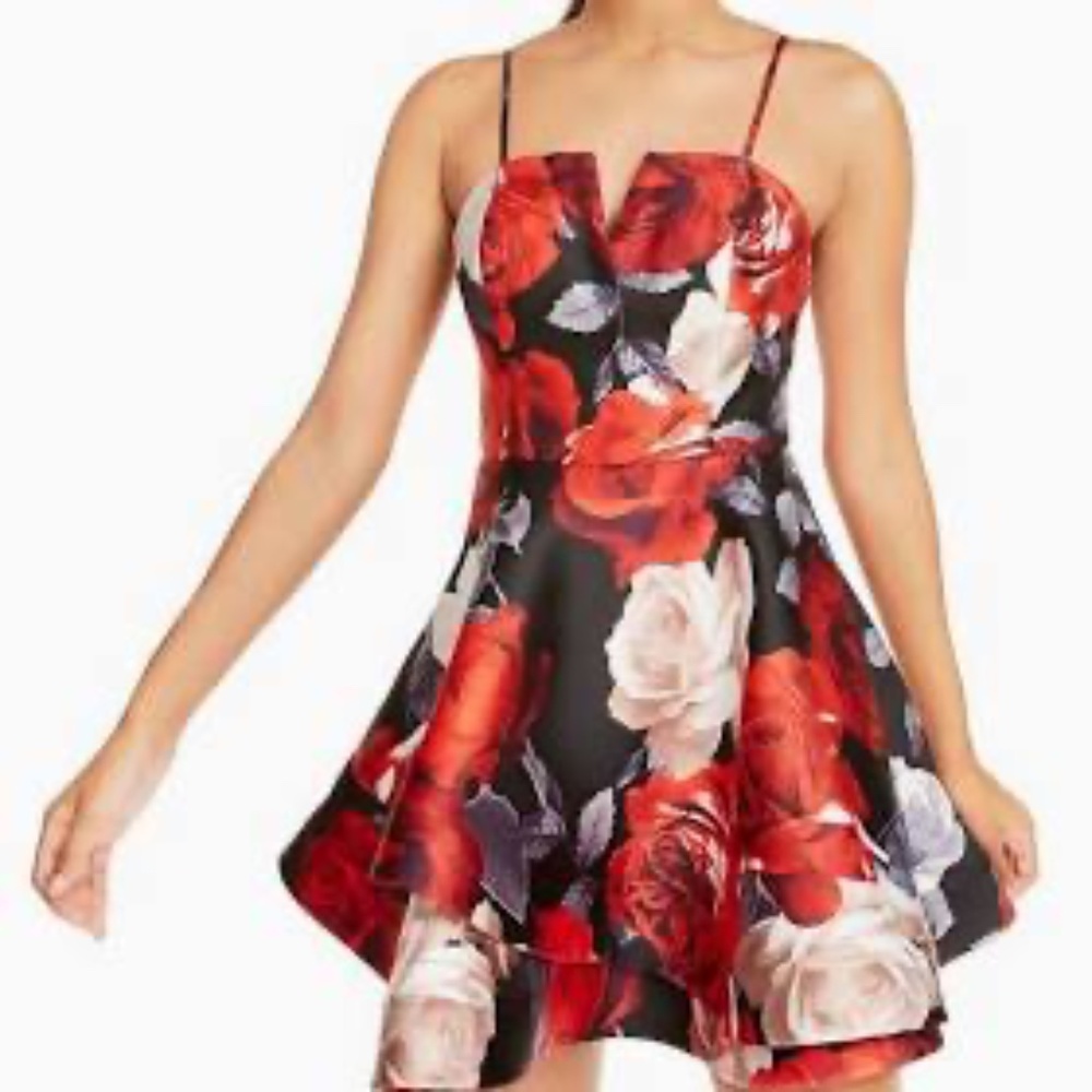 Trixxi junior's floral-print bow-back fit and flare dress in black/red size 3